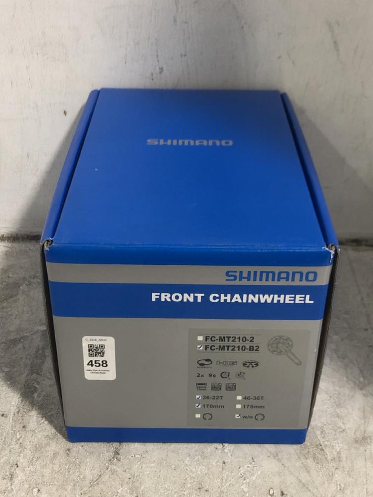 Lot 458  
            Chesterfield SR45 - Parcel Delivery Only 

                
SHIMANO FRONT CHAINWHEEL FC-MT210-B2 36-22T 170MM (LOCATION: F10)