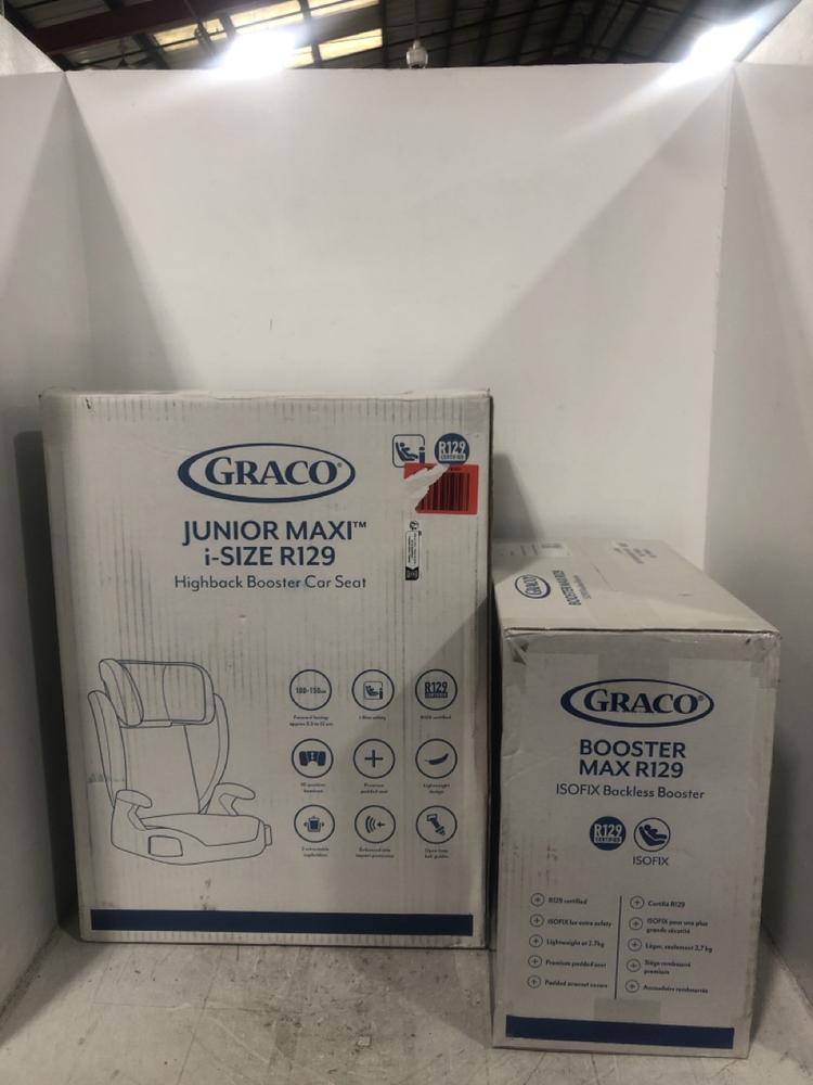 Lot 465  
            Chesterfield SR45 - Parcel Delivery Only 

                
GRACO BOOSTER MAX R129 ISOFIX BACKLESS BOOSTER SEAT TO INCLUDE GRACO JUNIOR MAXI ...