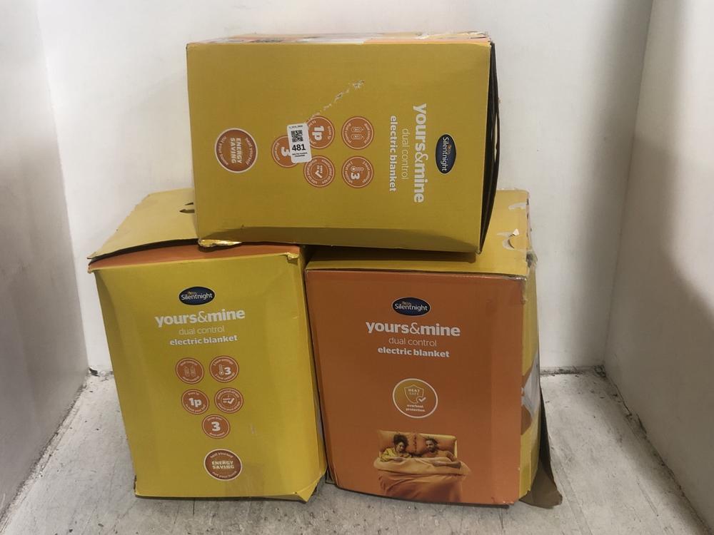 Lot 481  
            Chesterfield SR45 - Parcel Delivery Only 

                
3X SILENTNIGHT YOURS AND MINE DUAL CONTROL ELECTRIC BLANKET (LOCATION: E1)