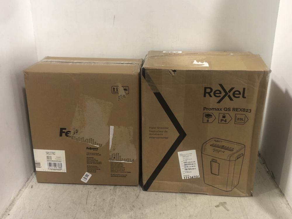 Lot 489  
            Chesterfield SR45 - Parcel Delivery Only 

                
REXEL PROMAX QS REX823 PAPER SHREDDER TO INCLUDE FELLOWS POWERSHREDFS-6C SHREDDER...