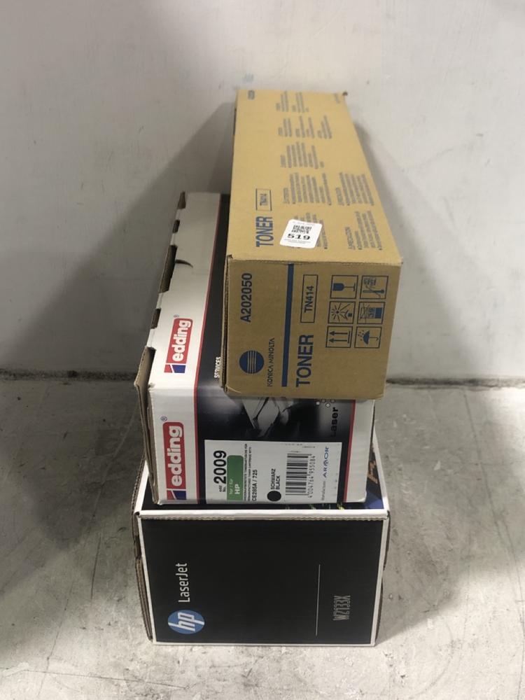 Lot 519  
            Chesterfield SR45 - Parcel Delivery Only 

                
3X ASSORTE PRINTER CARTRIGES TO INCLUDE KONICA MINOLTA TONER TN414 A202050 (LOCAT...