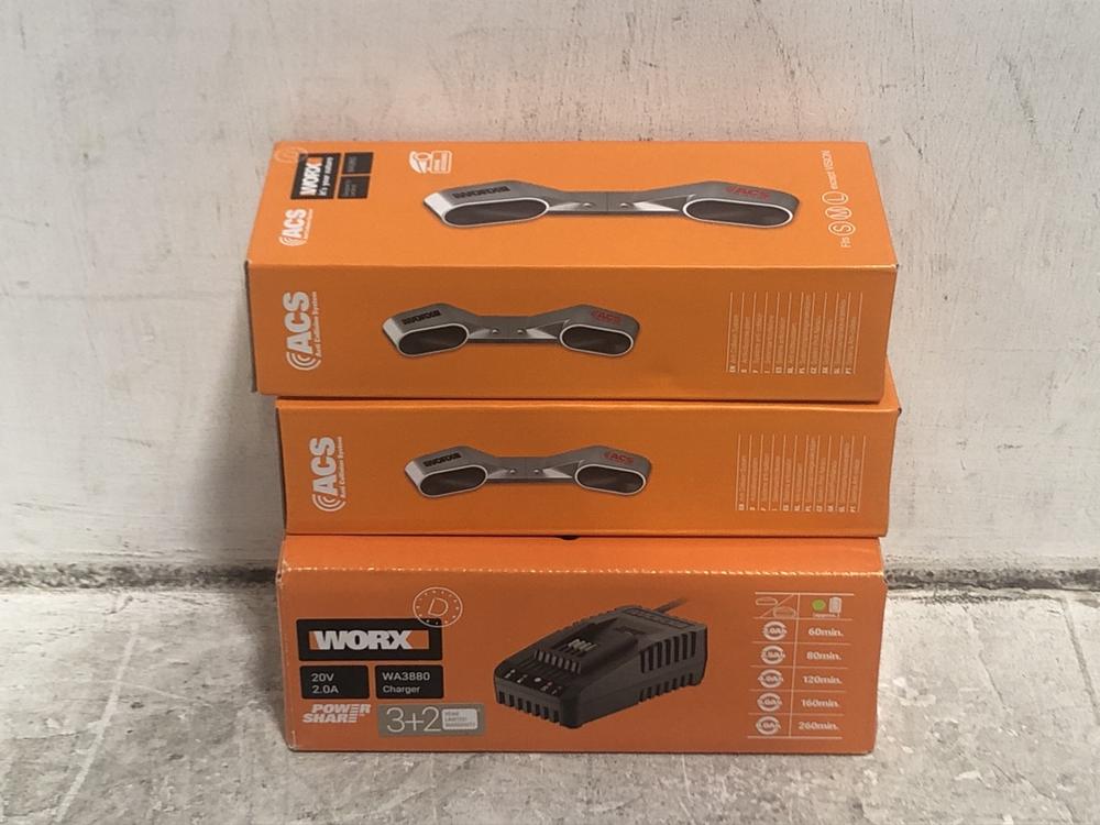 Lot 528  
            Chesterfield SR45 - Parcel Delivery Only 

                
3X ASSORTED WORX ITEMS TO INCLUDE WORX ACS ANTI COLLISION SYSTEM WA0860 (LOCATION...