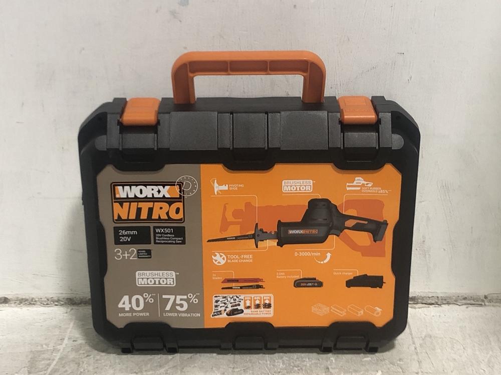Lot 530  
            Chesterfield SR45 - Parcel Delivery Only 

                
WORX NITRO 20V CORDLESS BRUSHLESS COMPACT RECIPORATING SAW WX501 (LOCATION: E3)