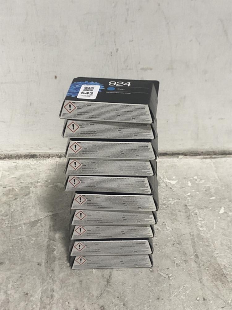 Lot 543  
            Chesterfield SR45 - Parcel Delivery Only 

                
10X HP 924 CYAN INK CARTRIDGES (LOCATION: E3)