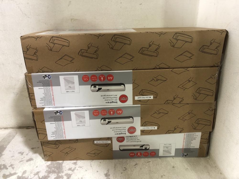 Lot 585  
            Chesterfield SR45 - Parcel Delivery Only 

                
4X GBC INSPIRE + A4 LAMINATOR (LOCATION: E4)