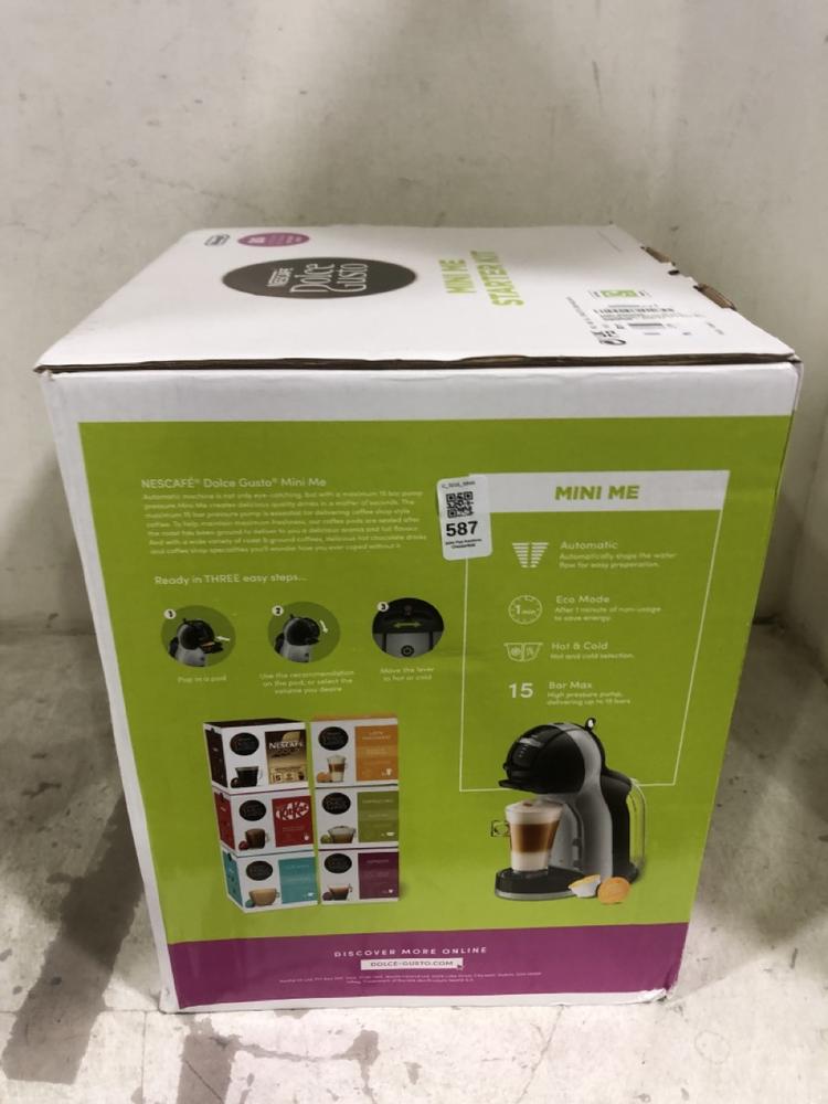 Lot 587  
            Chesterfield SR45 - Parcel Delivery Only 

                
NESCAFE DOLCE MINI ME STARTER KIT (LOCATION: E4)