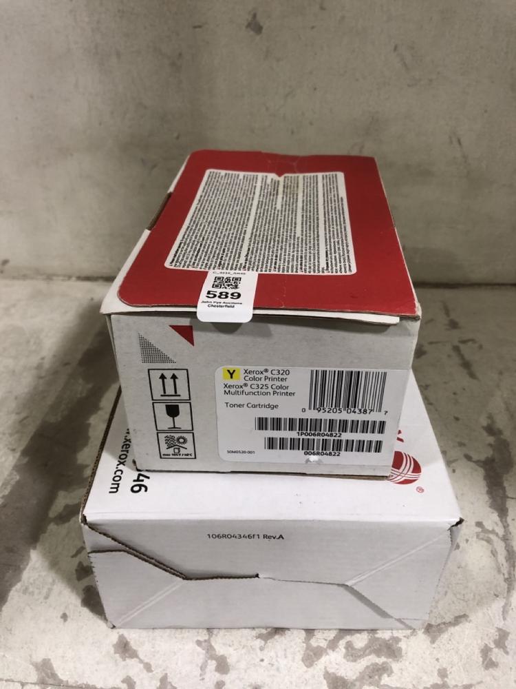 Lot 589  
            Chesterfield SR45 - Parcel Delivery Only 

                
XEROX C320 COLOUR PRINTER CARTRIDEGE TO INCLUDE XEROX B210 PRINTER CARTRIDGE (LOC...