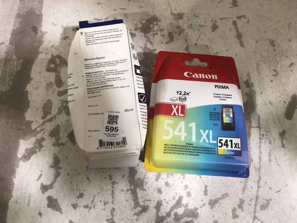 Lot 595  
            Chesterfield SR45 - Parcel Delivery Only 

                
EPSON 104 BLACK IN CARTRIDGE TO INCLUDE CANON 541XL COLOUR INK CARTRIDGE (LOCATIO...