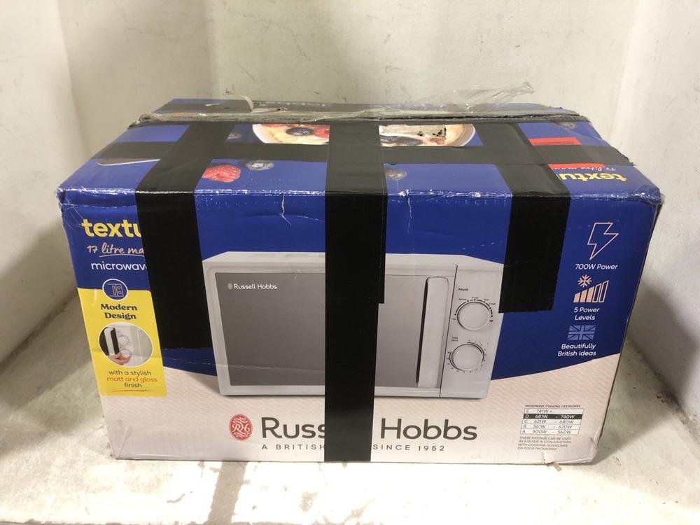 Lot 606  
            Chesterfield SR45 - Parcel Delivery Only 

                
RUSSELL HOBBS TEXTURE 17 LITRE MANUAL MICROWAVE (LOCATION: E4)