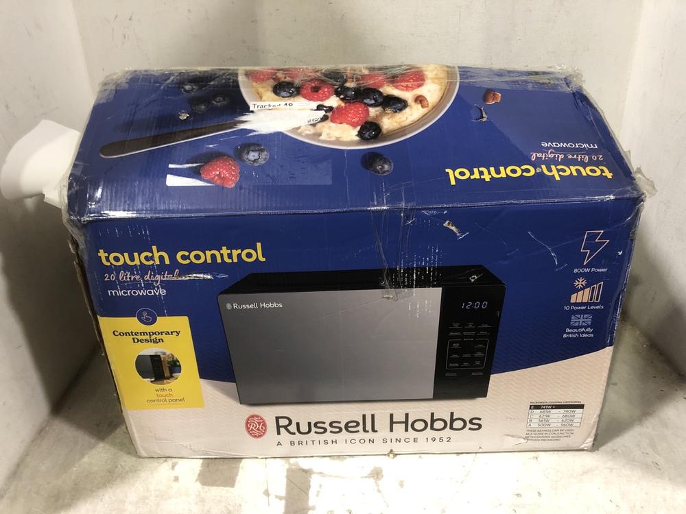 Lot 607  
            Chesterfield SR45 - Parcel Delivery Only 

                
RUSSELL HOBBS TOUCH CONTROL 20 LITRE DIGITAL MICROWAVE (LOCATION: E4)