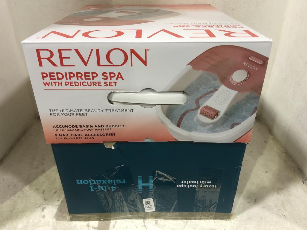 Lot 612  
            Chesterfield SR45 - Parcel Delivery Only 

                
RELVON PEDIPREP SPA WITH PEDICURE SET TO INCLUDE HOMEDICS LUXURY FOOT SPA WITH HE...