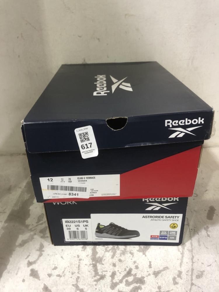 Lot 617  
            Chesterfield SR45 - Parcel Delivery Only 

                
REEBOK ASTRORIDE SAFETY ATHLETIC SAFETY SHOE UK 5 TO INCLUDE REEBOK CLUB C TERRAC...