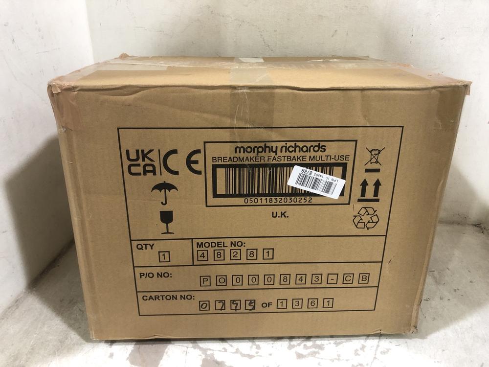 Lot 646  
            Chesterfield SR45 - Parcel Delivery Only 

                
MORPHY RICHARDS BREADMAKER FASTBAKE MULTI-USE (LOCATION: E6)