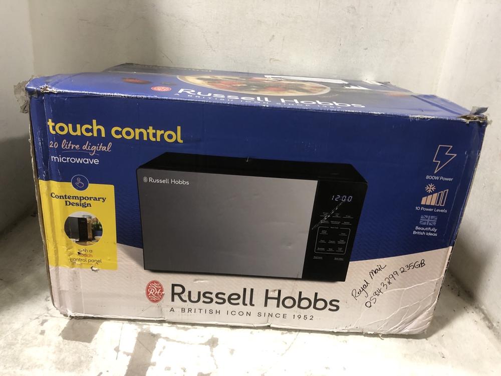 Lot 659  
            Chesterfield SR45 - Parcel Delivery Only 

                
RUSSELL HOBBS TOUCH CONTROL 20 LITRE DIGITAL MICROWAVE (LOCATION: E7)