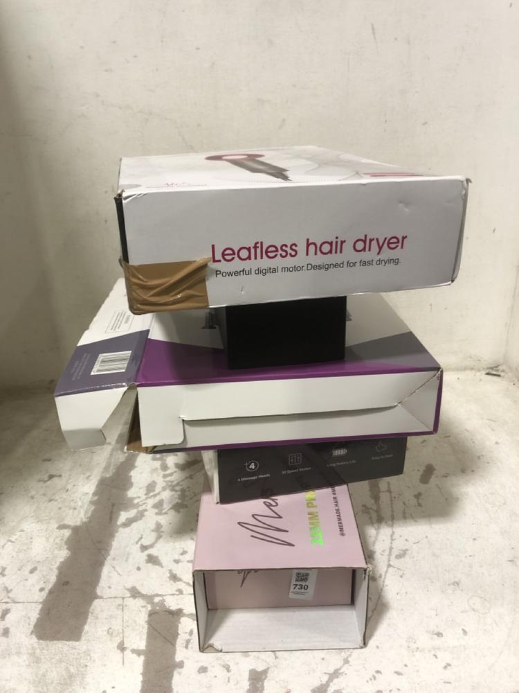 Lot 730  
            Chesterfield SR45 - Parcel Delivery Only 

                
5X ASSORTED BEAUTY ITEMS TO INCLUDE LEAFLESS HAIRDRYER (LOCATION: E10)