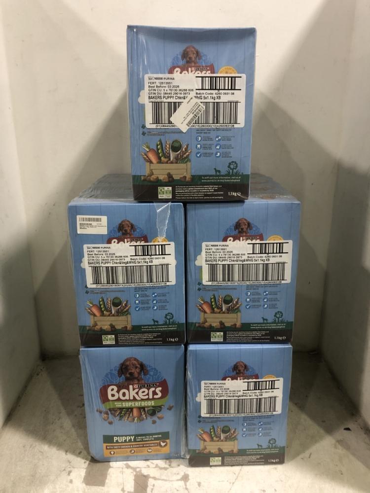 Lot 799  
            Chesterfield SR45 - Parcel Delivery Only 

                
5X BAKERS COMPLETE PET FOOD FOR PUPPIES WITH TASTY CHICKEN & COUNTRY VEGETABLES 5...