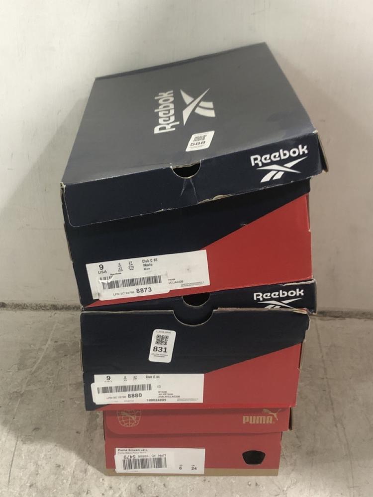 Lot 831  
            Chesterfield SR45 - Parcel Delivery Only 

                
2X REEBOK CLUB C 85 UK SIZE 8 TO INCLUDE PUMA SMSH V2 L UK SIZE 5 (LOCATION: D2)