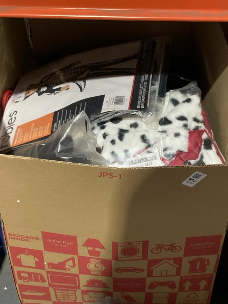 Lot 903  
            Chesterfield SR45 - Parcel Delivery Only 

                
BOX OF ASSORTED FANCY DRESS TO INCLUDE RUBIES SKELETON DINOSAUR 5-6 YEARS (LOCATI...