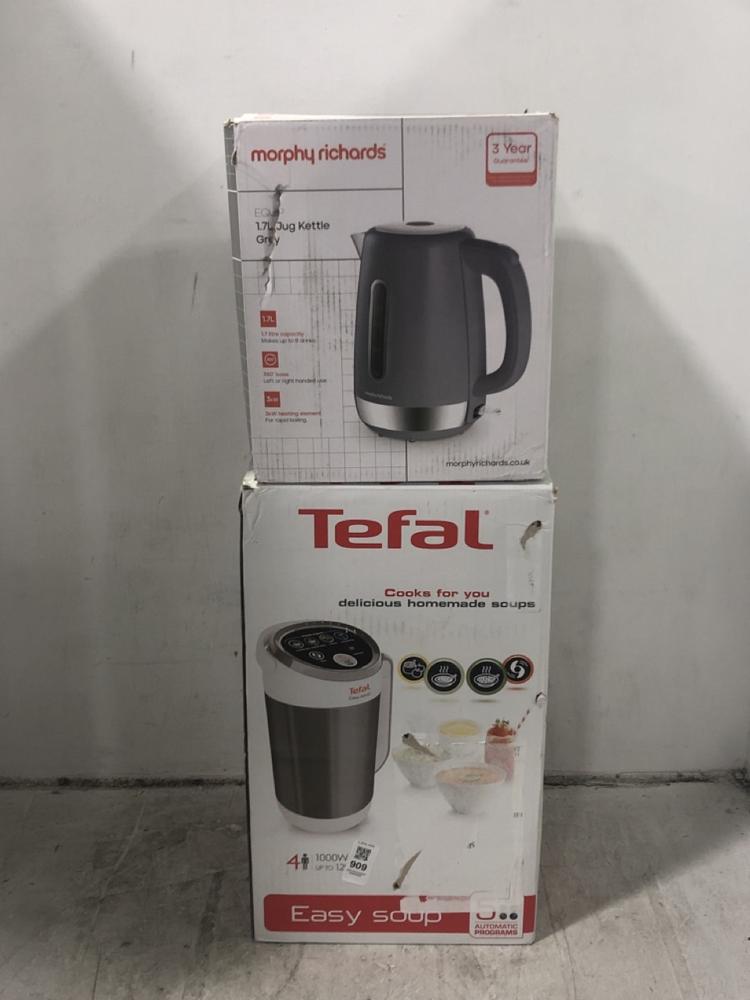 Lot 909  
            Chesterfield SR45 - Parcel Delivery Only 

                
MORPHY RICHARDS 1.7L JUG KETTKLE TO INCLUDE TEFAL 1000W EASY SOUP (LOCATION: D5)