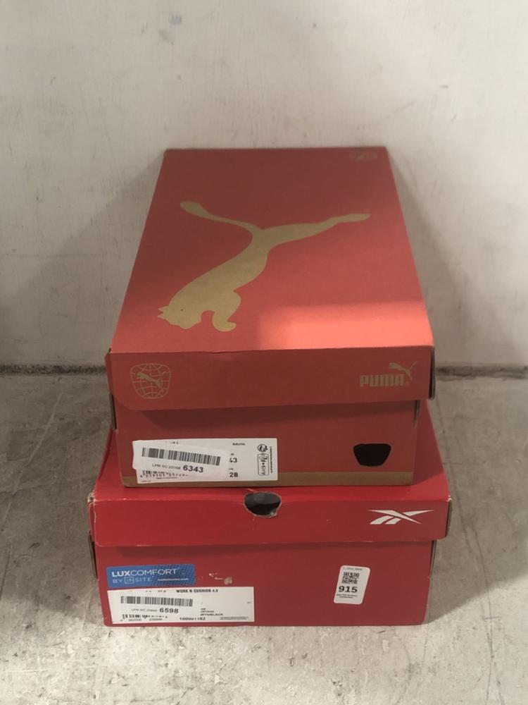 Lot 915  
            Chesterfield SR45 - Parcel Delivery Only 

                
REEBOK WORK N CUSHION 4.0 UK SIZE 8.5 TO INCLUDE PUMA SMASH V2 UK SIZE 9 (LOCATIO...