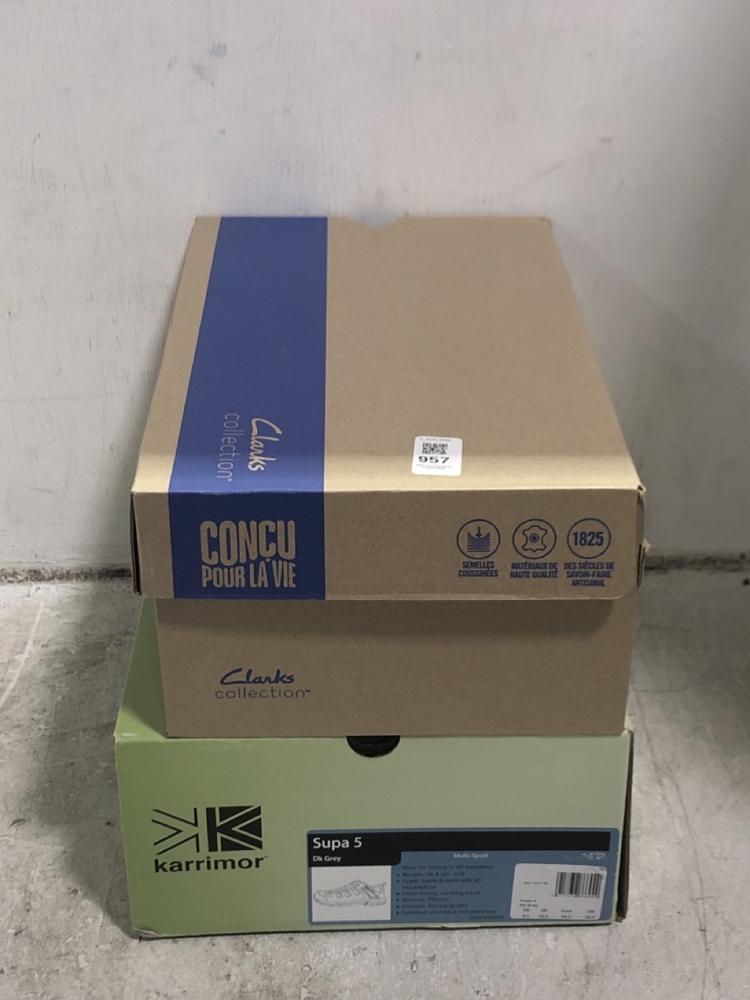 Lot 957  
            Chesterfield SR45 - Parcel Delivery Only 

                
CLARKS COLLECTION TILDEN PLAIN BLACK LEATHER UK 10 TO INCLUDE KARRIMOR SUPA 5 UK ...