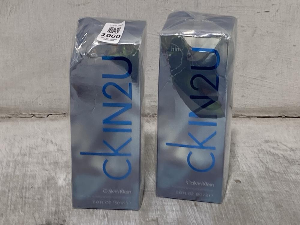 Lot 1060  
            Chesterfield SR44 - Parcel Delivery Only 

                
2 X CALVIN KLEIN CK IN2U EAU DE TOILETTE 150ML (LOCATION: D8)