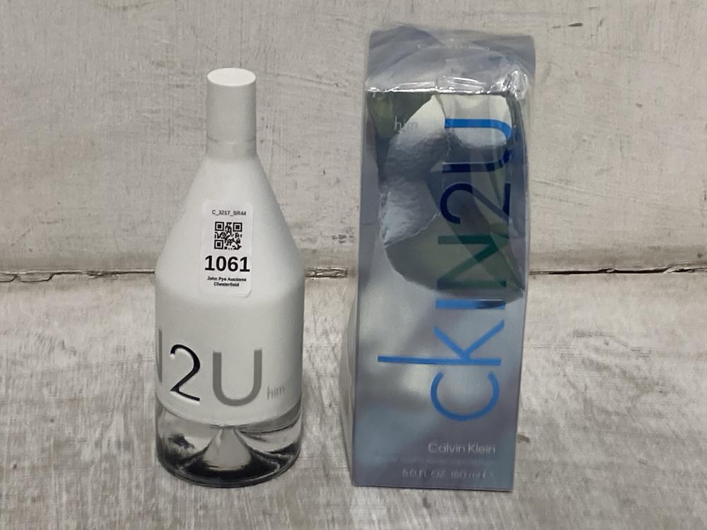 Lot 1061  
            Chesterfield SR44 - Parcel Delivery Only 

                
2 X CALVIN KLEIN CK IN2U EAU DE TOILETTE 150ML (LOCATION: D8)