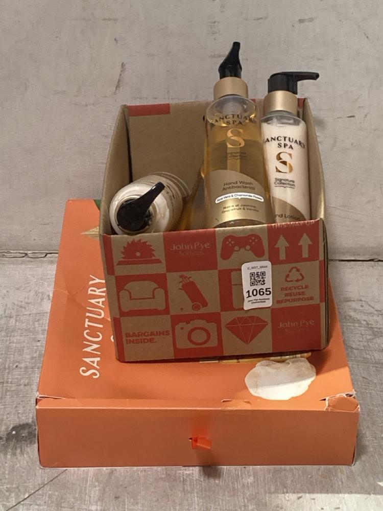 Lot 1065  
            Chesterfield SR44 - Parcel Delivery Only 

                
QTY OF SANCTUARY SPA BEAUTY ITEMS TO INCLUDE SANCTUARY SPA SIGNATURE PERFECT PAMP...