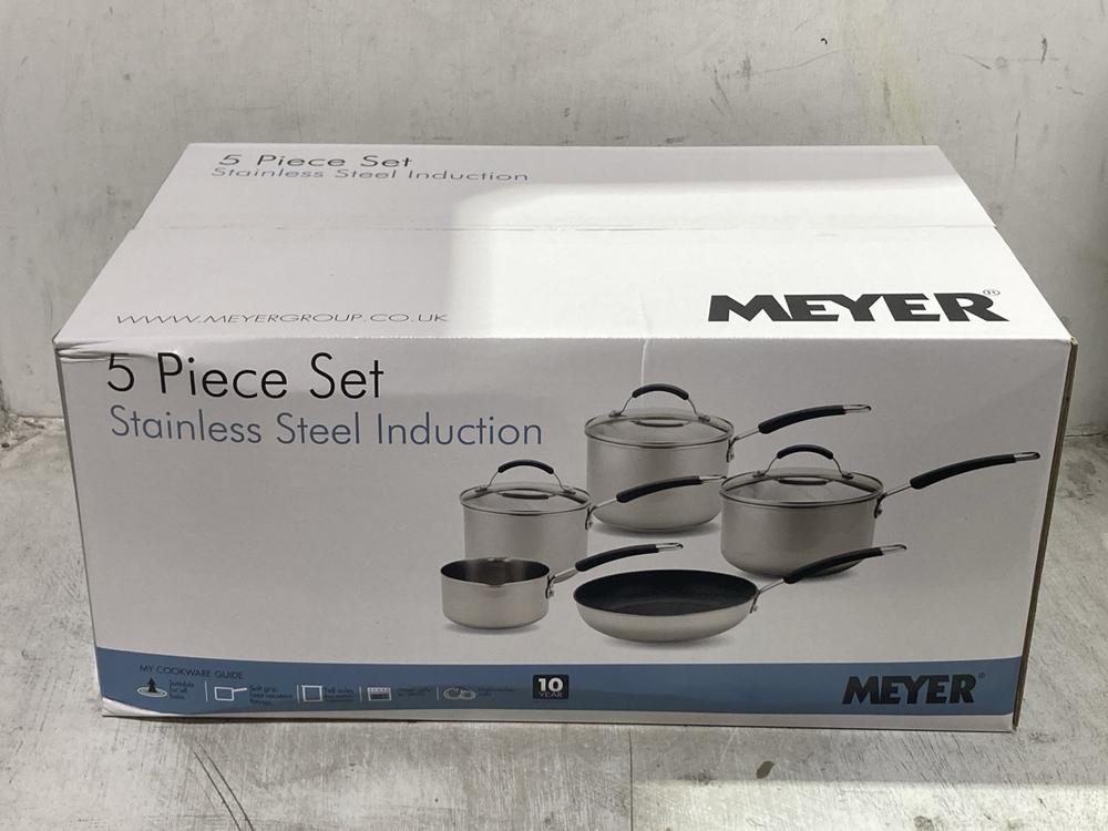 Lot 1088  
            Chesterfield SR44 - Parcel Delivery Only 

                
MEYER STAINLESS STEEL INDUCTION 5 PIECE PAN SET ORIGINAL RRP £135 (LOCATION: D8)