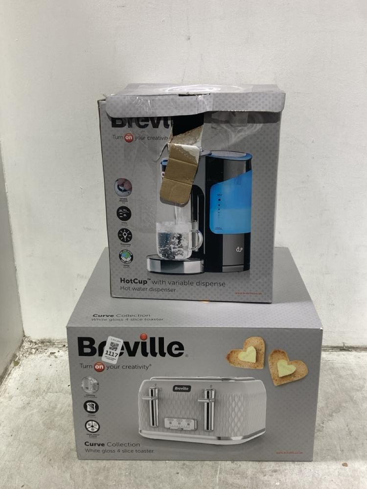 Lot 1117  
            Chesterfield SR44 - Parcel Delivery Only 

                
BREVILLE HOT CUP WITH VARIABLE DISPENSE TO INCLUDE BREVILLE 4 SLICE TOASTER IN GL...