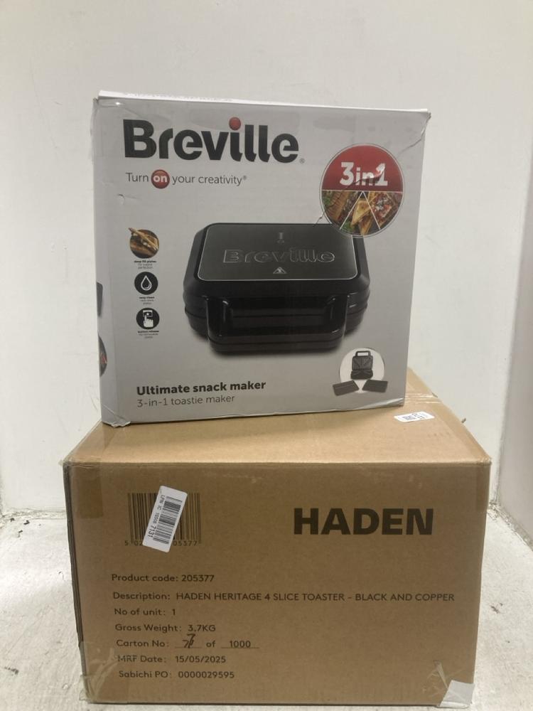 Lot 1170  
            Chesterfield SR44 - Parcel Delivery Only 

                
BREVILLE TOASTIE MAKER TO INCLUDE HADEN 4 SLICE TOASTER (LOCATION: C4)