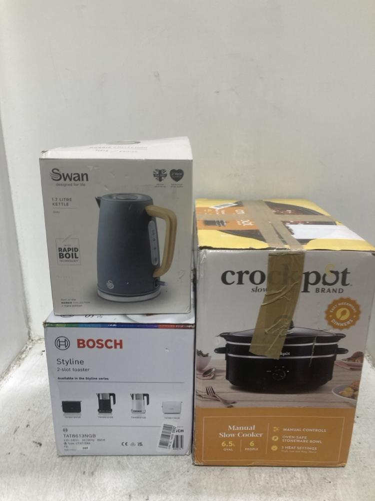Lot 1172  
            Chesterfield SR44 - Parcel Delivery Only 

                
3 X ASSORTED KITCHENWARE ITEMS TO INCLUDE SWAN 1.7L KETTLE (LOCATION: C4)