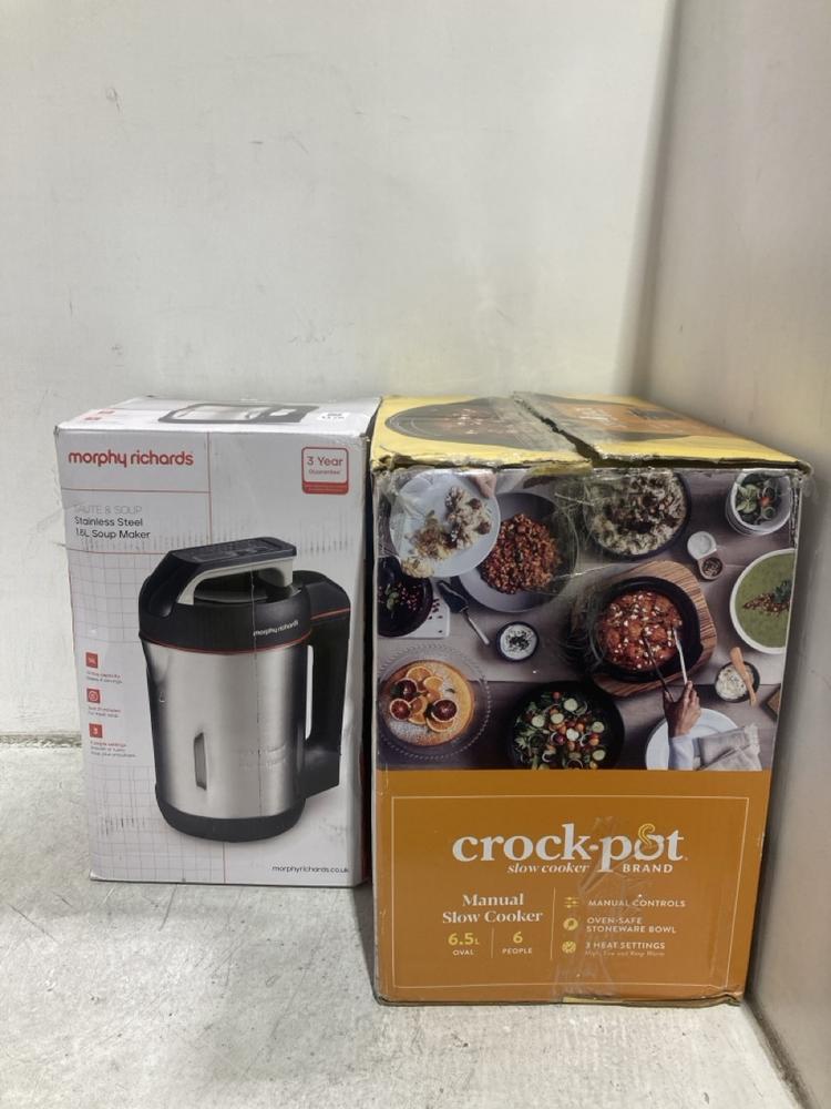 Lot 1178  
            Chesterfield SR44 - Parcel Delivery Only 

                
MORPHY RICHARDS 1.6L SOUP MAKER TO INCLUDE CROCKPOT SLOW COOKER 6.5L (LOCATION: C4)