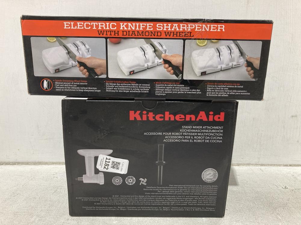Lot 1182  
            Chesterfield SR44 - Parcel Delivery Only 

                
KITCHENAID FOOD GRINDER IN RED TO INCLUDE ELECTRIC KNIFE SHARPENER WITH DIAMOND W...