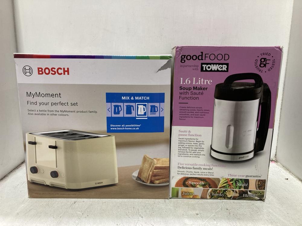 Lot 1188  
            Chesterfield SR44 - Parcel Delivery Only 

                
TOWER SOUP MAKER IN BLACK 1.6L TO INCLUDE BOSCH 4 SLICE TOASTER IN CREAM (LOCATIO...