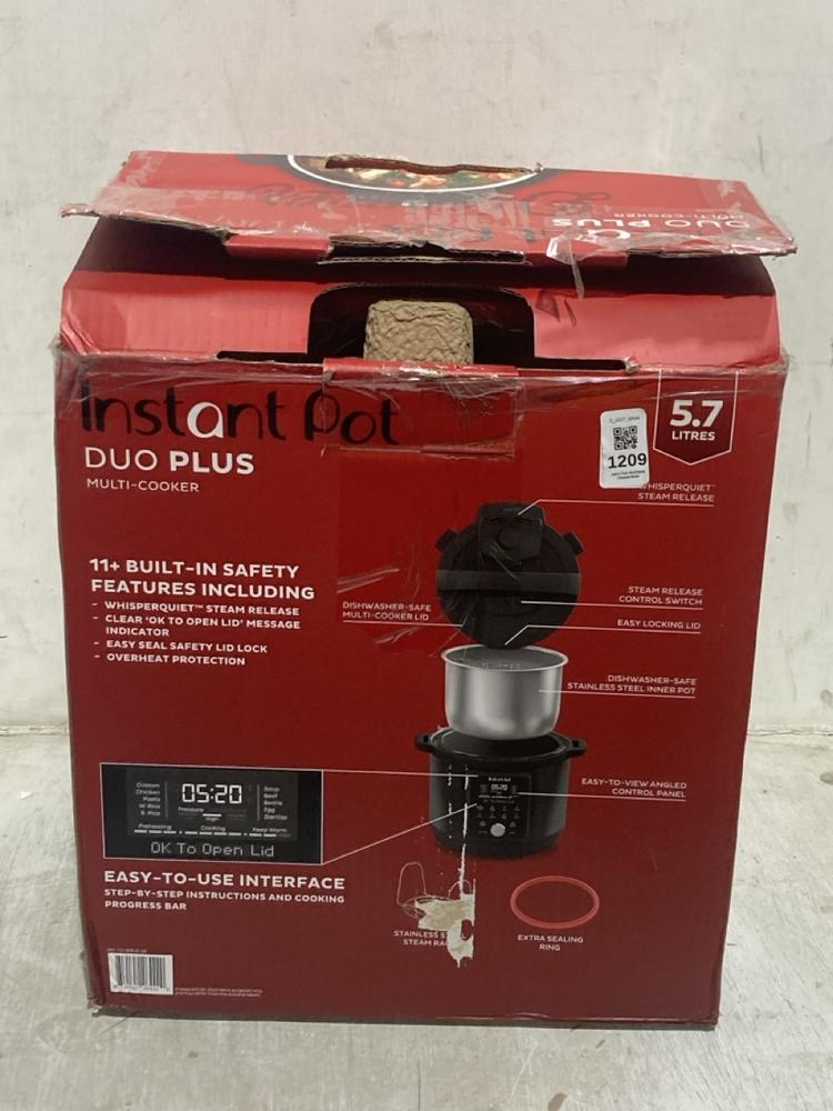 Lot 1209  
            Chesterfield SR44 - Parcel Delivery Only 

                
INSTANT POT DUO PLUS MULTI COOKER (LOCATION: C6)
