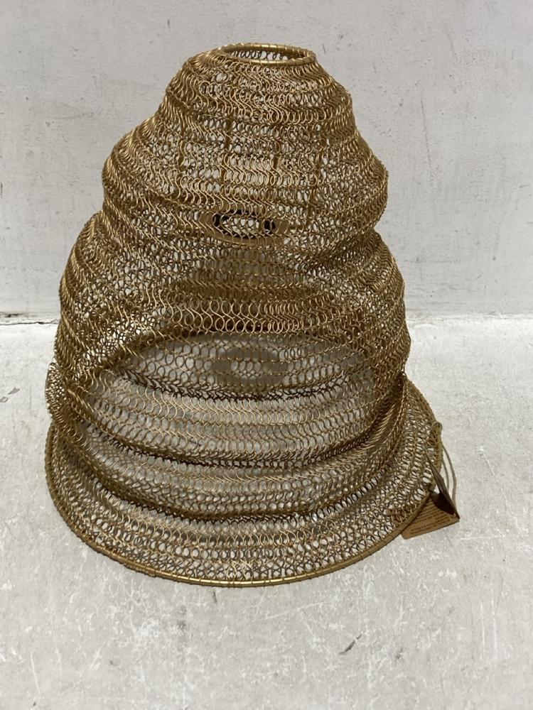 Lot 120  
            Chesterfield SR44 - Parcel Delivery Only 

                
NKUKU JATANI WIRE LAMPSHADE - ANTIQUE BRASS - SMALL OVAL - ITEM NO. JS3601 - ORIG...