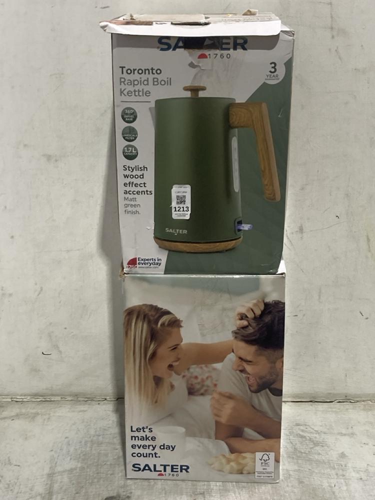 Lot 1213  
            Chesterfield SR44 - Parcel Delivery Only 

                
2 X SALTER TORONTO RAPID BOIL KETTLE IN SAGE (LOCATION: C6)