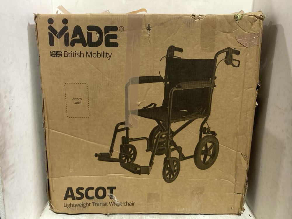 Lot 1227  
            Chesterfield SR44 - Parcel Delivery Only 

                
MADE ASCOT LIGHTWEIGHT TRANSIT WHEELCHAIR (LOCATION: C6)