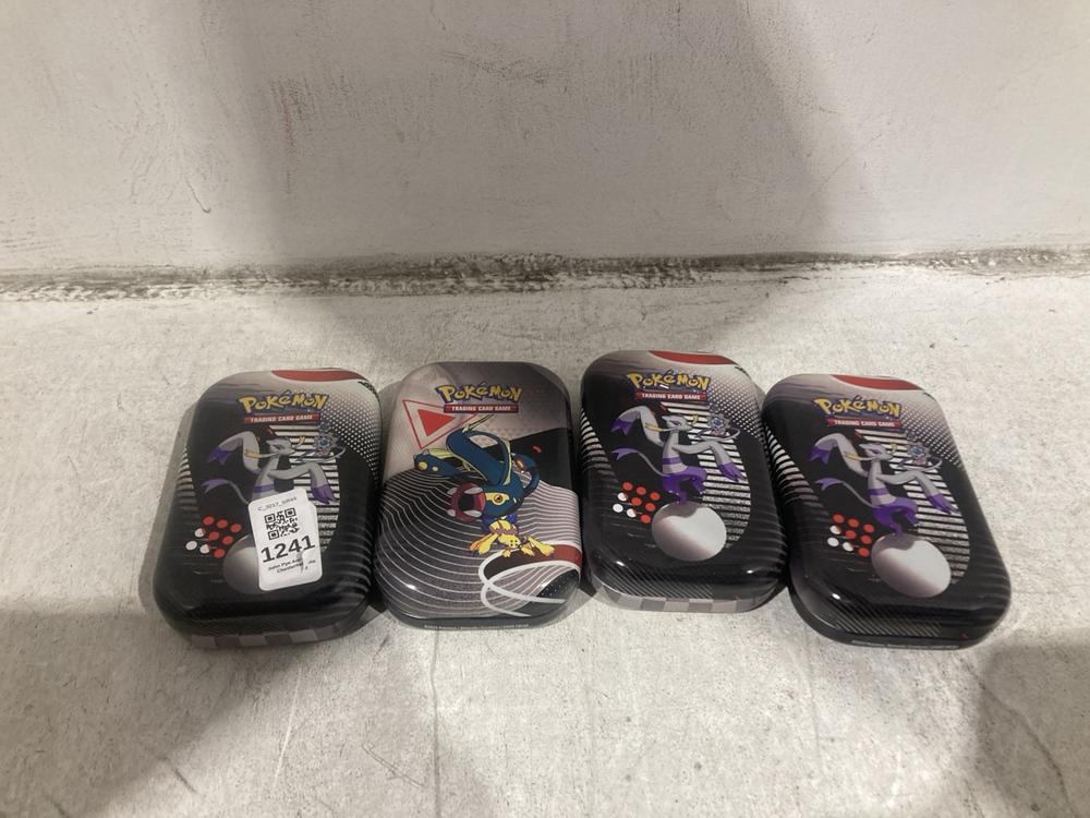 Lot 1241  
            Chesterfield SR44 - Parcel Delivery Only 

                
4 X ASSORTED POKEMON TINS TO INCLUDE POKEMON TCG UNOVA MINI TIN (LOCATION: C7)