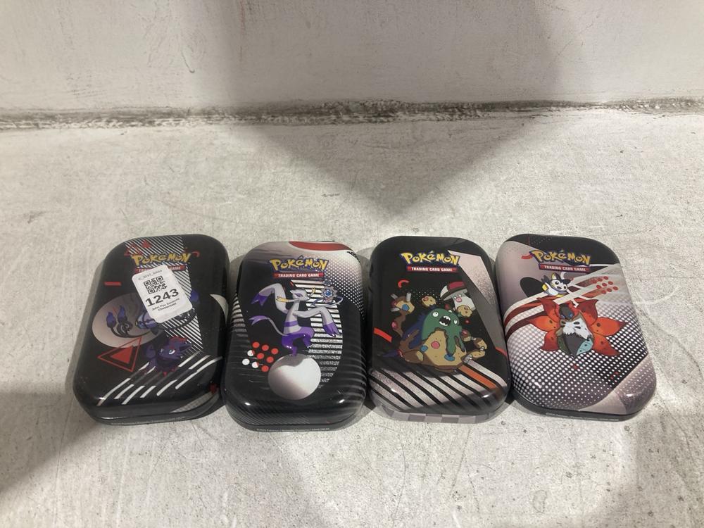 Lot 1243  
            Chesterfield SR44 - Parcel Delivery Only 

                
4 X ASSORTED POKEMON TINS TO INCLUDE POKEMON TCG UNOVA MINI TIN (LOCATION: C7)