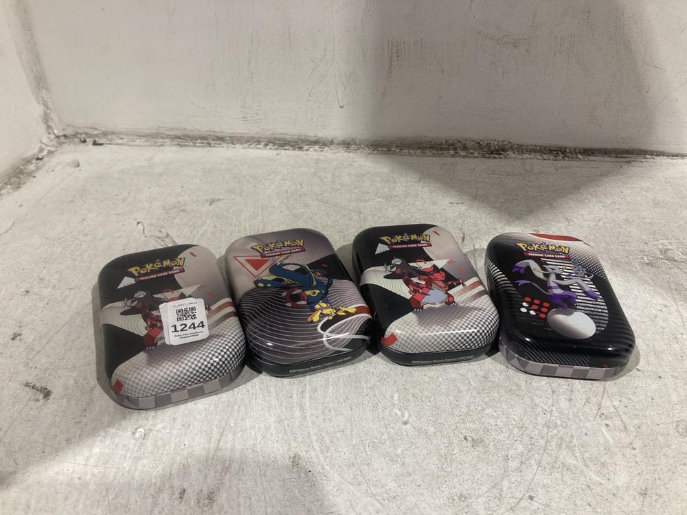 Lot 1244  
            Chesterfield SR44 - Parcel Delivery Only 

                
4 X ASSORTED POKEMON TINS TO INCLUDE POKEMON TCG UNOVA MINI TIN (LOCATION: C7)