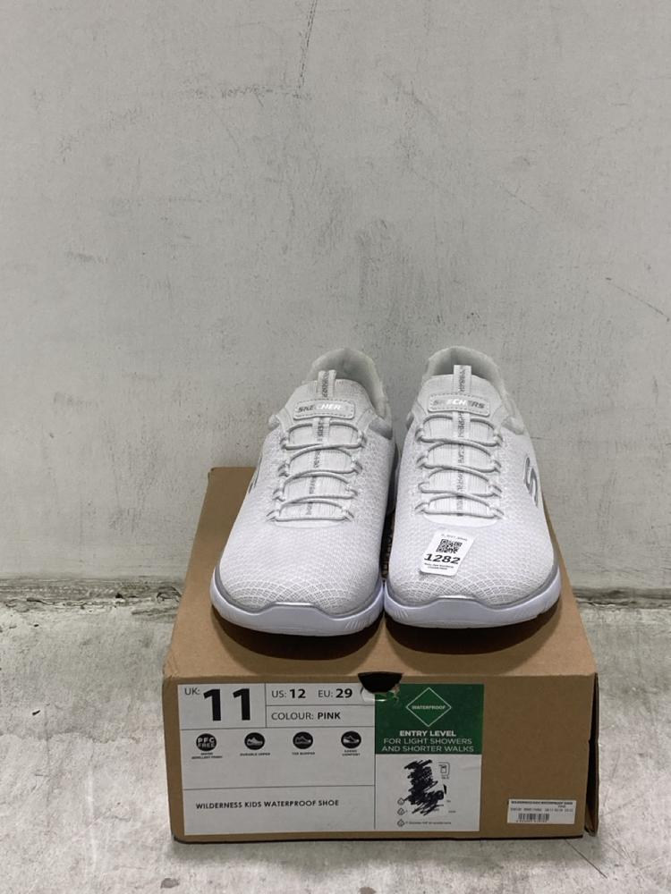Lot 1282  
            Chesterfield SR44 - Parcel Delivery Only 

                
SKECHERS TRAINERS IN WHITE SIZE 3.5 UK TO INCLUDE WILDERNESS KIDS WATERPROOF SHOE...