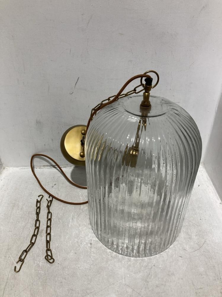 Lot 131  
            Chesterfield SR44 - Parcel Delivery Only 

                
NKUKU LUMINA FLUTED RECYCLED GLASS PENDANT - CLEAR - LARGE - ITEM NO. LP0401 - OR...