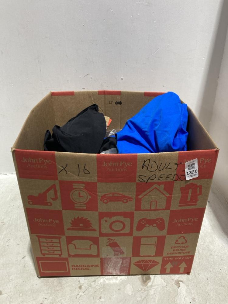 Lot 1320  
            Chesterfield SR44 - Parcel Delivery Only 

                
BOX OF ASSORTED ADULT SPEEDO ITEMS TO INCLUDE BLACK SWIMSUIT SIZE 12 (LOCATION: B1)
