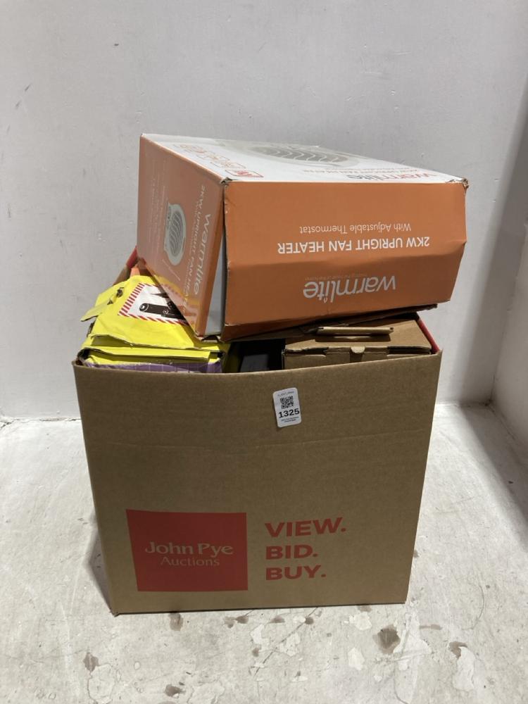 Lot 1325  
            Chesterfield SR44 - Parcel Delivery Only 

                
BOX OF ASSORTED ITEMS TO INCLUDE WARMLITE 2KW UPRIGHT FAN HEATER (LOCATION: B1)
