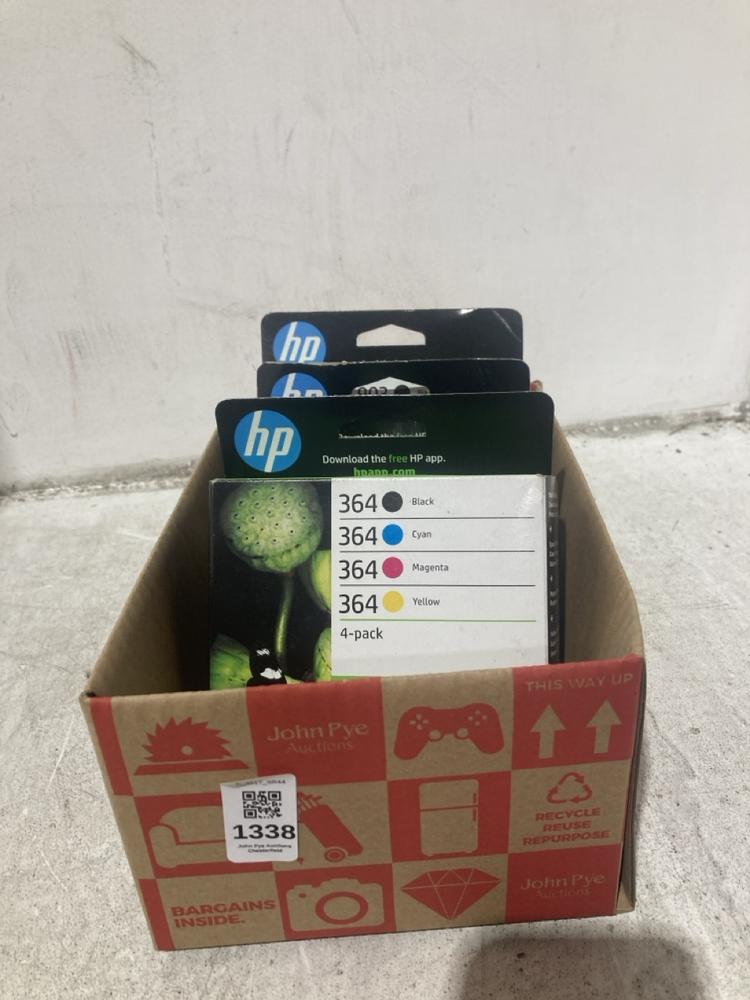 Lot 1338  
            Chesterfield SR44 - Parcel Delivery Only 

                
BOX OF 3 X ASSORTED HP PRINTER INK TO INCLUDE HP 364 PRINTER INK CARTRIDGE (LOCAT...