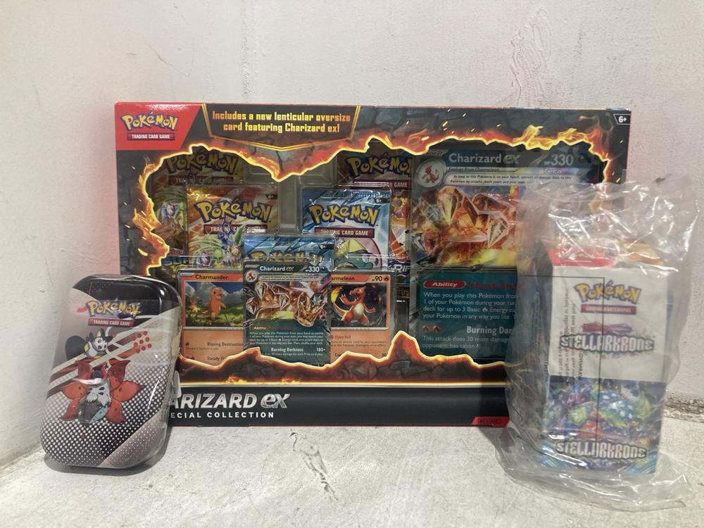 Lot 1347  
            Chesterfield SR44 - Parcel Delivery Only 

                
3 X ASSORTED ITEMS TO INCLUDE POKEMON TRADING CARD CHARIZARD EX SPECIAL COLLECTIO...