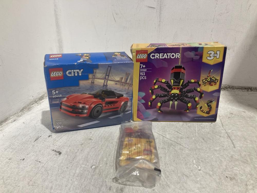 Lot 1351  
            Chesterfield SR44 - Parcel Delivery Only 

                
3 X ASSORTED LEGO ITEMS TO INCLUDE LEGO 3 IN 1 SET (LOCATION: B2)