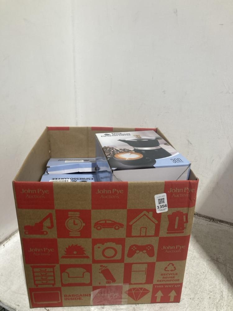 Lot 1356  
            Chesterfield SR44 - Parcel Delivery Only 

                
BOX OF ASSORTED ITEMS TO INCLUDE ALUMINIUM COFFEE MAKER (LOCATION: B2)